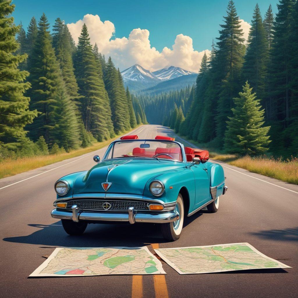 An inviting and scenic open road lined with lush evergreen trees, a vintage car driving along, with a DMV office visible in the background. In the foreground, a couple happily planning their romantic road trip, holding a map with hearts drawn on it. The sky is bright blue, symbolizing adventure and possibility. super-realistic. vibrant colors.
