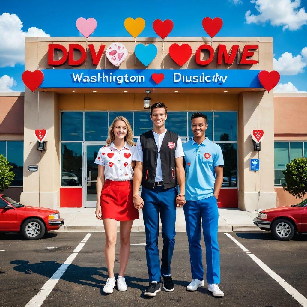 A cheerful couple standing in front of a DMV building, holding hands and smiling, surrounded by hearts and playful icons representing love and licenses. The background should showcase the Washington skyline, blending with elements like traffic signs and friendly DMV staff. Bright colors and a warm atmosphere enhance the sense of joy in a typically mundane setting. super-realistic. vibrant colors. 3D.